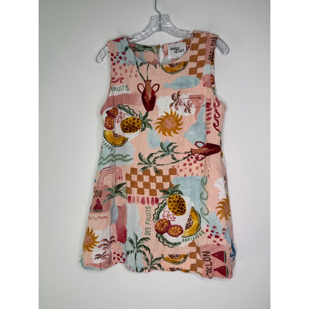 Paper Heart Sydney Australia Tropical Fruit Linen Blend Mini Dress Pink Large